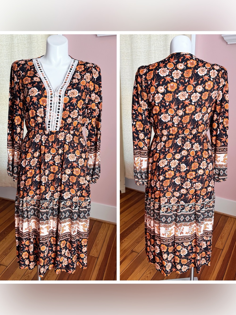 Boho Floral V-Neck Midi Dress - Black & Orange